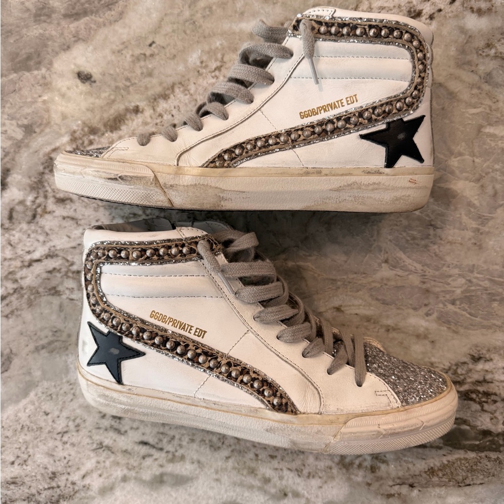 Golden Goose White High-Top Sneakers with Black Star & Silver Crystal Toe